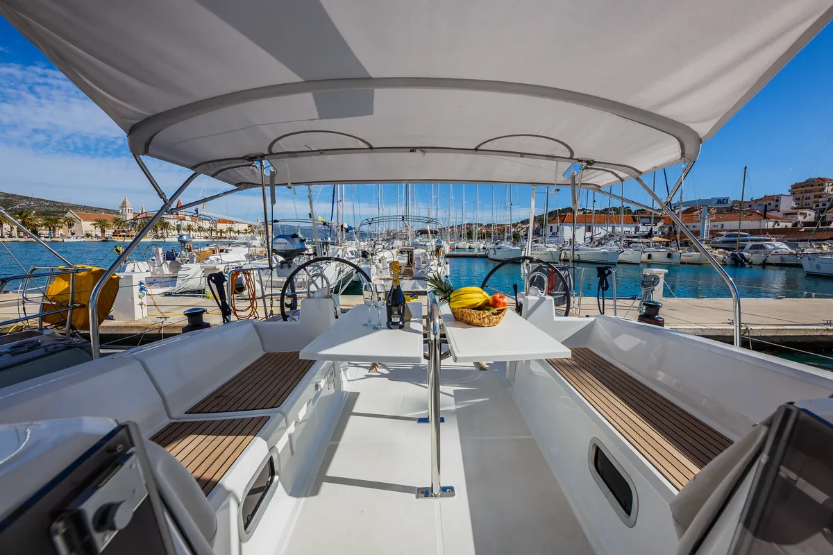 Deck of Obsession, a Beneteau Oceanis 38.1 sailboat at Dubrovnik, Croatia