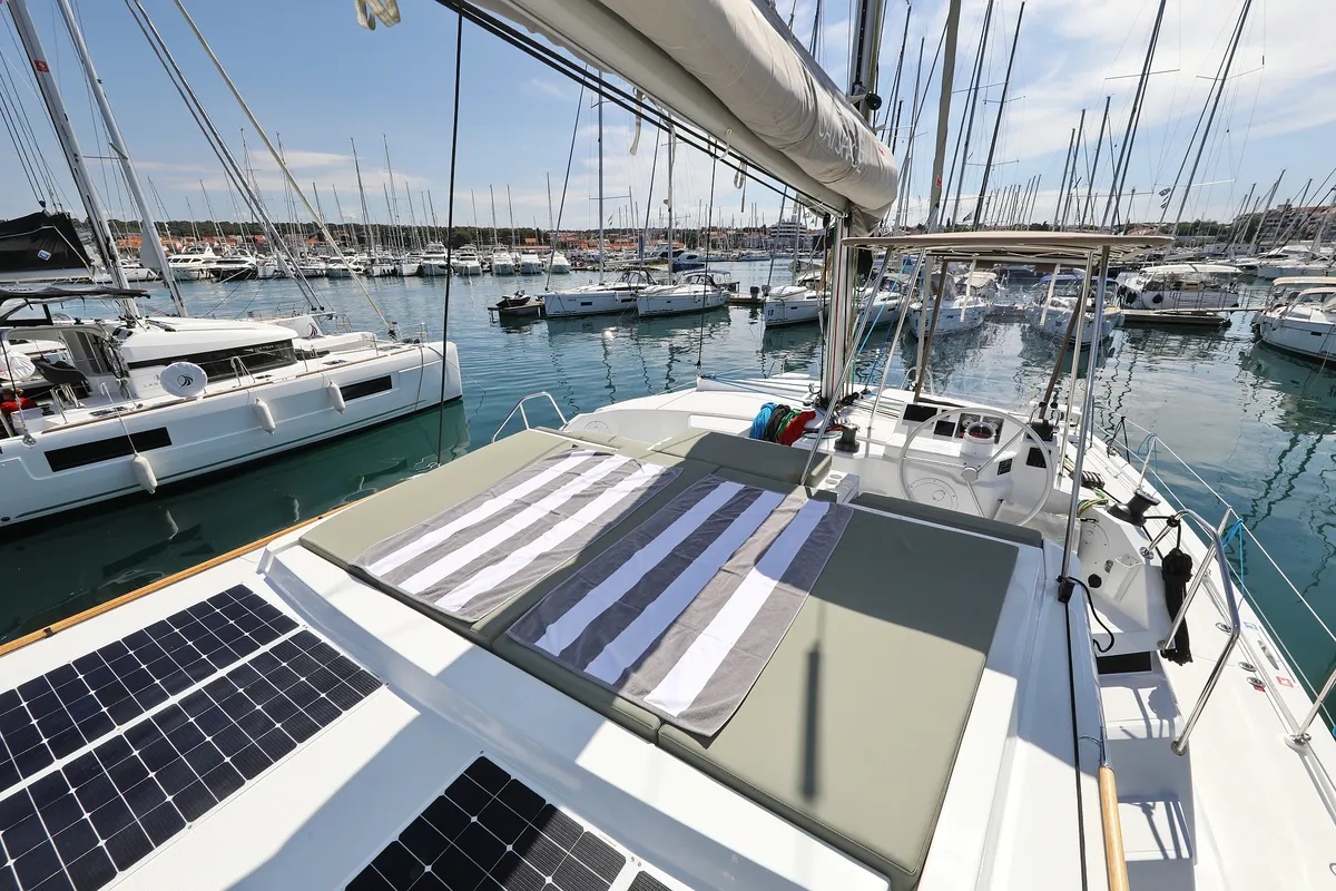 Cockpit of Bella Mare, a Bali Catspace catamaran at Seget Donji, Croatia