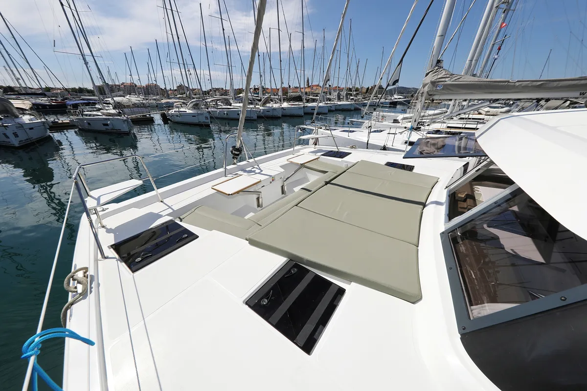 Deck of Bella Mare, a Bali Catspace catamaran at Seget Donji, Croatia