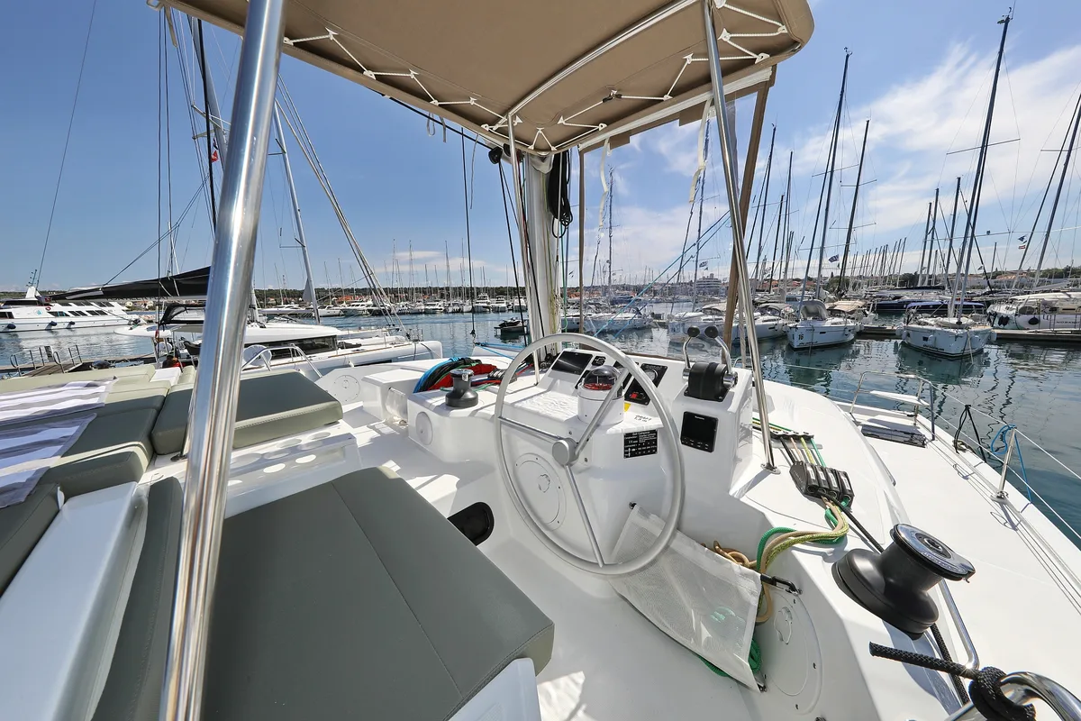 Deck of Bella Mare, a Bali Catspace catamaran at Seget Donji, Croatia