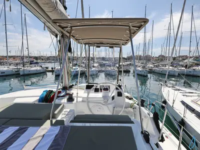 Salon of Bella Mare, a Bali Catspace catamaran at Seget Donji, Croatia