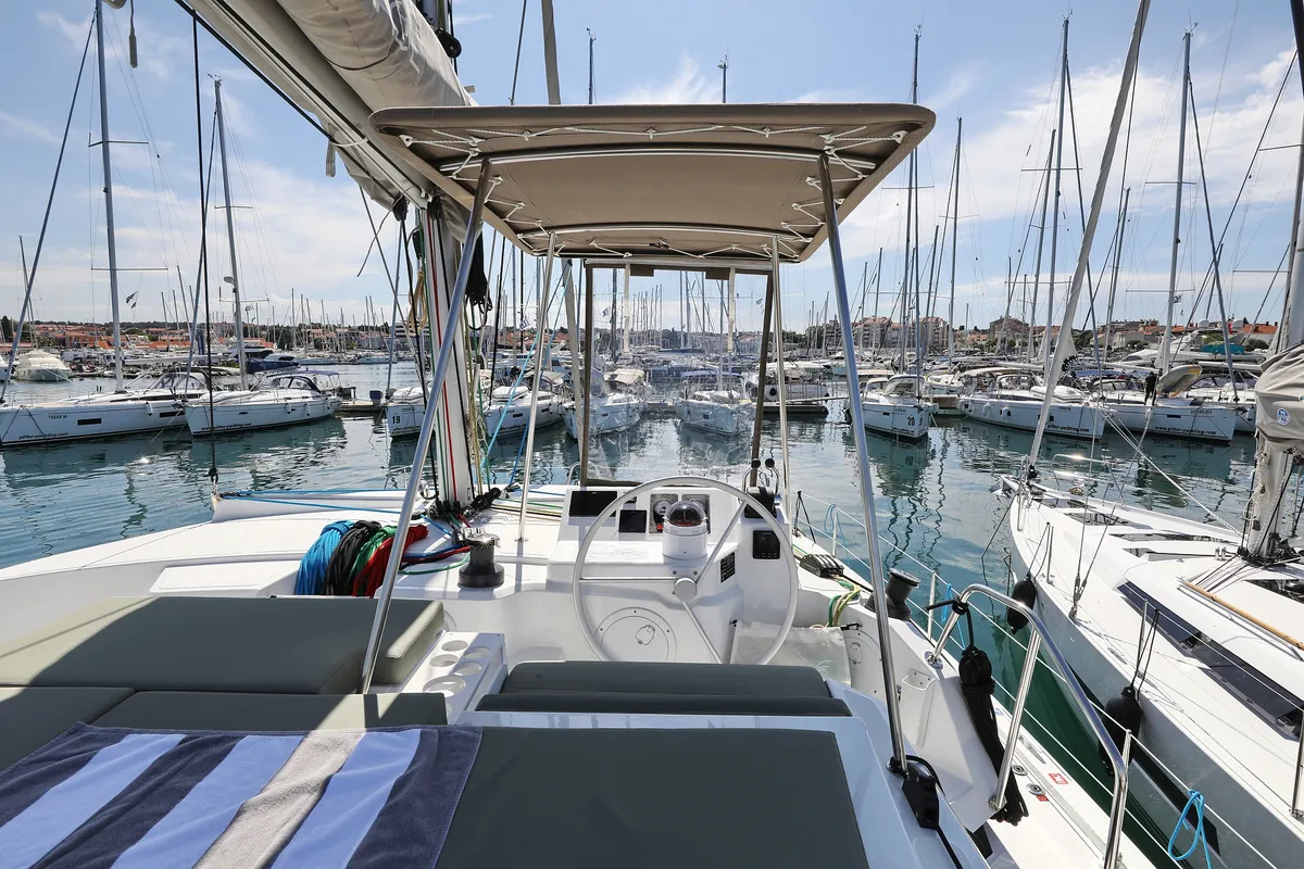 Salon of Bella Mare, a Bali Catspace catamaran at Seget Donji, Croatia