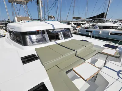 Cockpit of Bella Mare, a Bali Catspace catamaran at Seget Donji, Croatia
