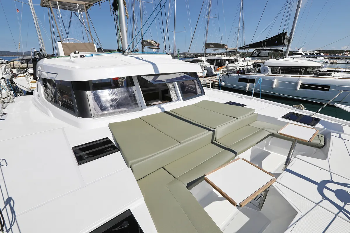 Cockpit of Bella Mare, a Bali Catspace catamaran at Seget Donji, Croatia