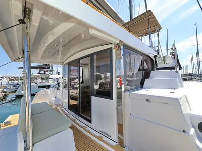 Deck of Bella Mare, a Bali Catspace catamaran at Seget Donji, Croatia