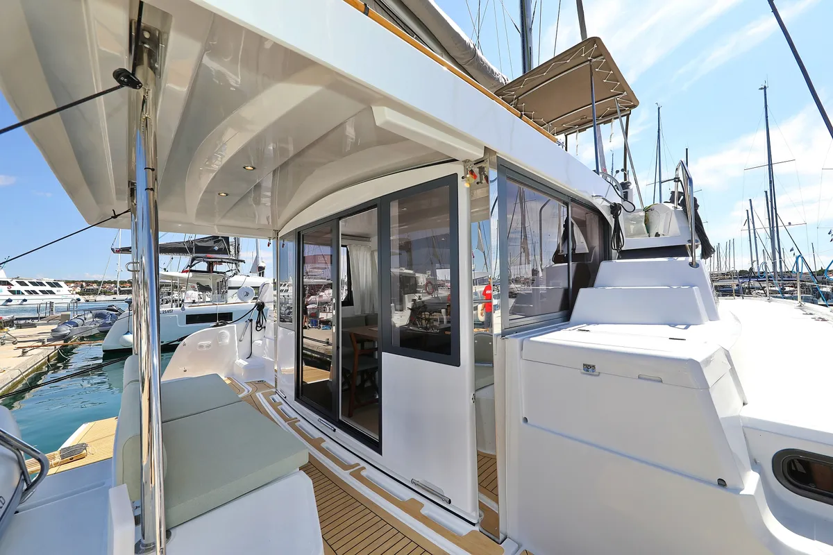 Deck of Bella Mare, a Bali Catspace catamaran at Seget Donji, Croatia