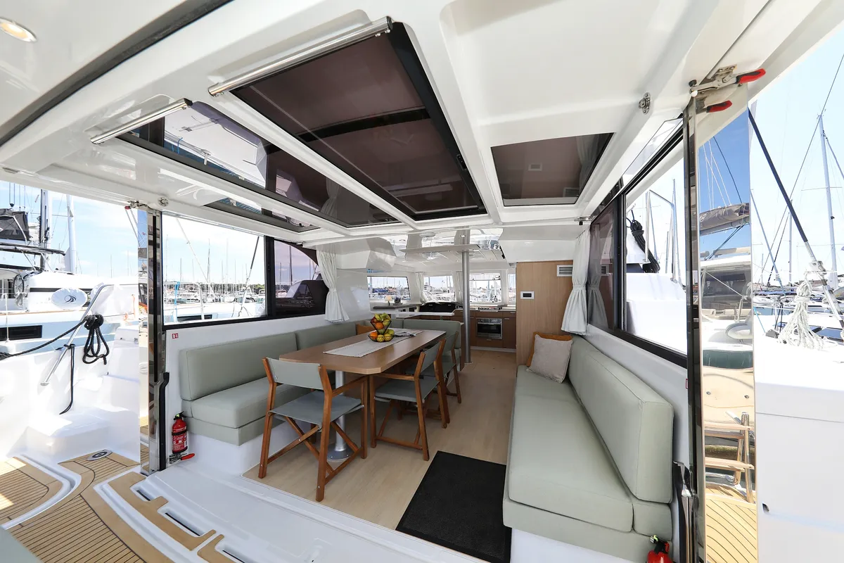 Salon of Bella Mare, a Bali Catspace catamaran at Seget Donji, Croatia