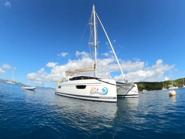 Exterior view of Unsupervised, a Fountaine Pajot Astrea 42 catamaran at Road Town, British Virgin Islands