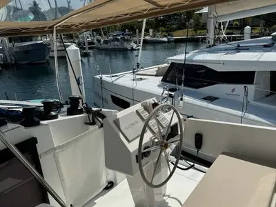 Cockpit of Unsupervised, a Fountaine Pajot Astrea 42 catamaran at Road Town, British Virgin Islands