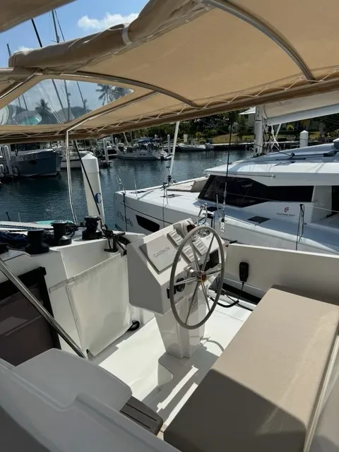 Cockpit of Unsupervised, a Fountaine Pajot Astrea 42 catamaran at Road Town, British Virgin Islands