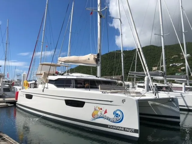 Exterior view of Unsupervised, a Fountaine Pajot Astrea 42 catamaran at Road Town, British Virgin Islands