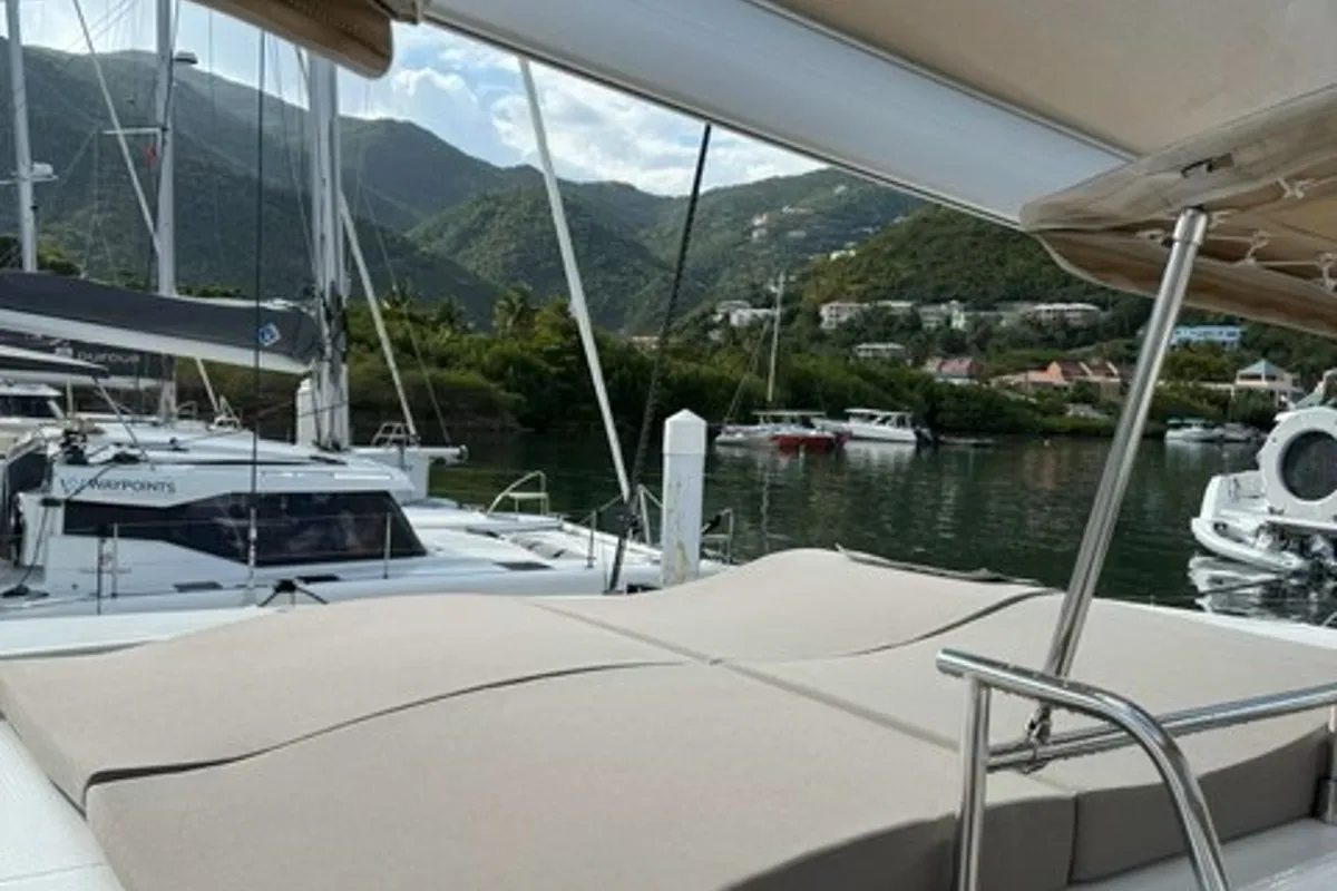 Deck of Unsupervised, a Fountaine Pajot Astrea 42 catamaran at Road Town, British Virgin Islands