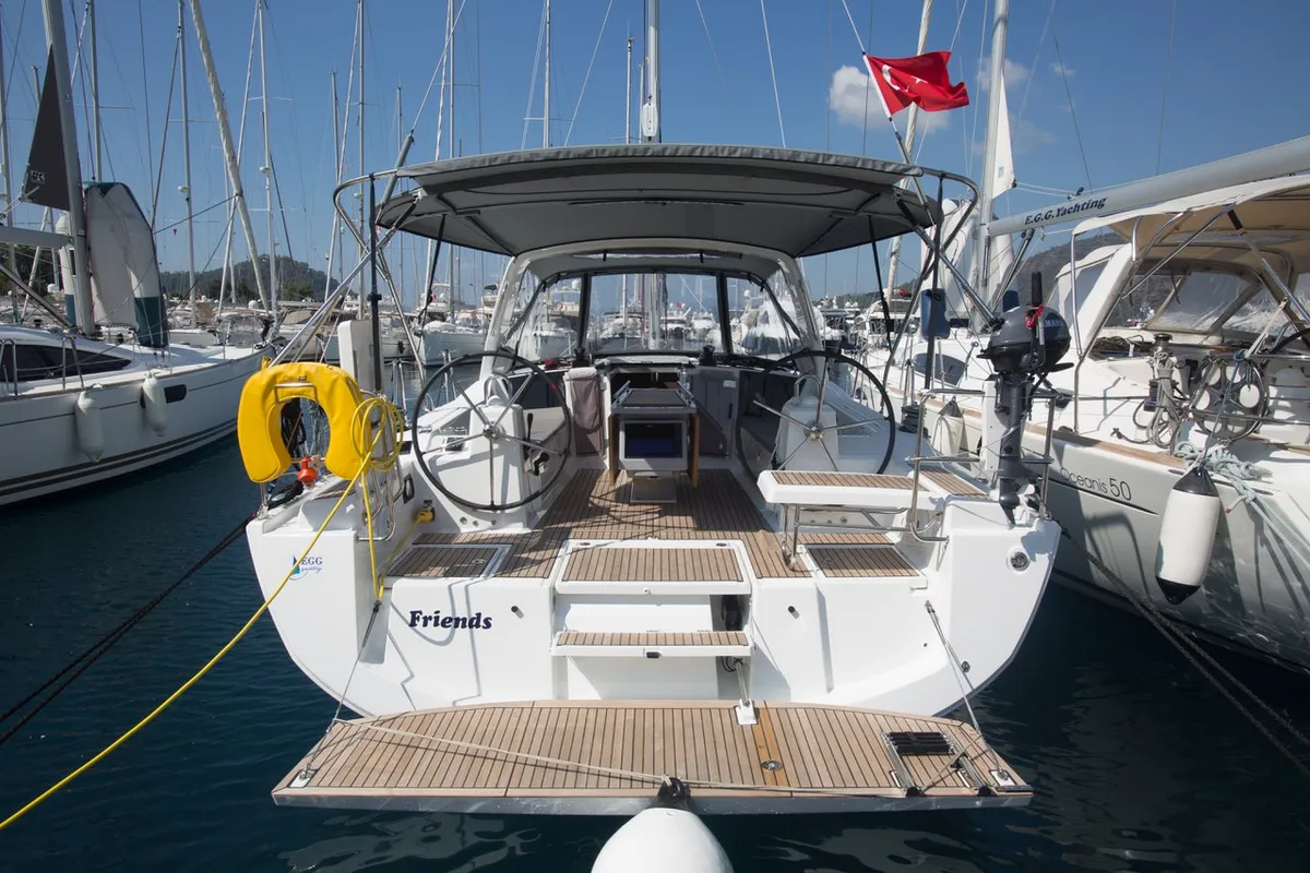 Exterior view of Friends, a Beneteau Oceanis 41.1 sailboat at Marmaris, Turkey