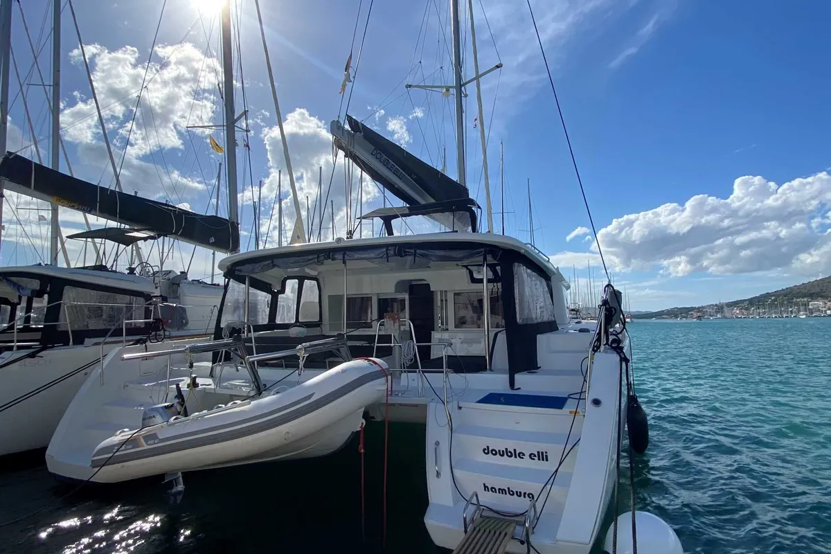 Exterior view of Double elli, a Lagoon 450 F catamaran at Trogir, Croatia