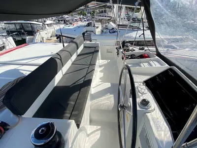 Cockpit of Double elli, a Lagoon 450 F catamaran at Trogir, Croatia
