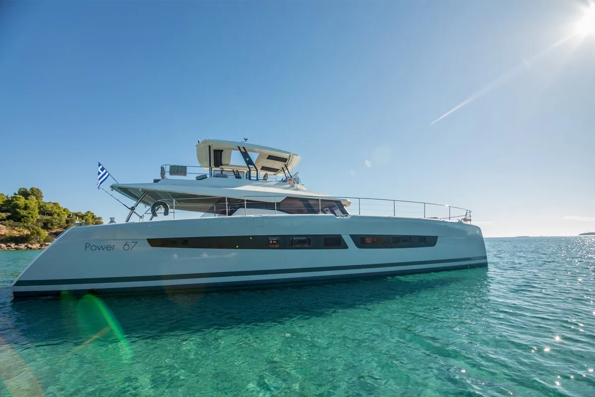 D2, a Fountaine Pajot Power 67 catamaran at Athens, Greece