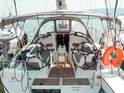 Cockpit of Dimitra, a Jeanneau Sun Odyssey 349 sailboat at Volos, Greece