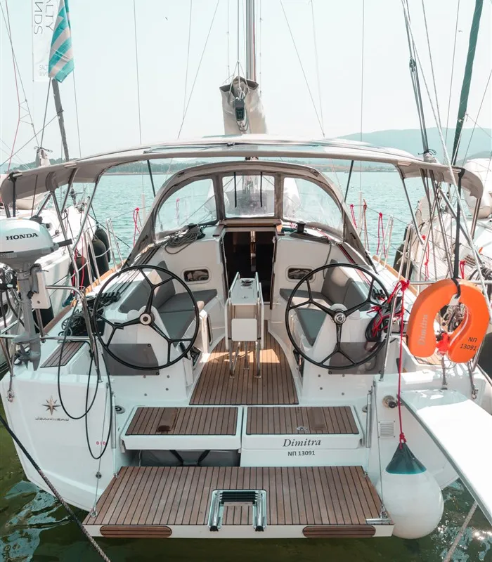 Cockpit of Dimitra, a Jeanneau Sun Odyssey 349 sailboat at Volos, Greece