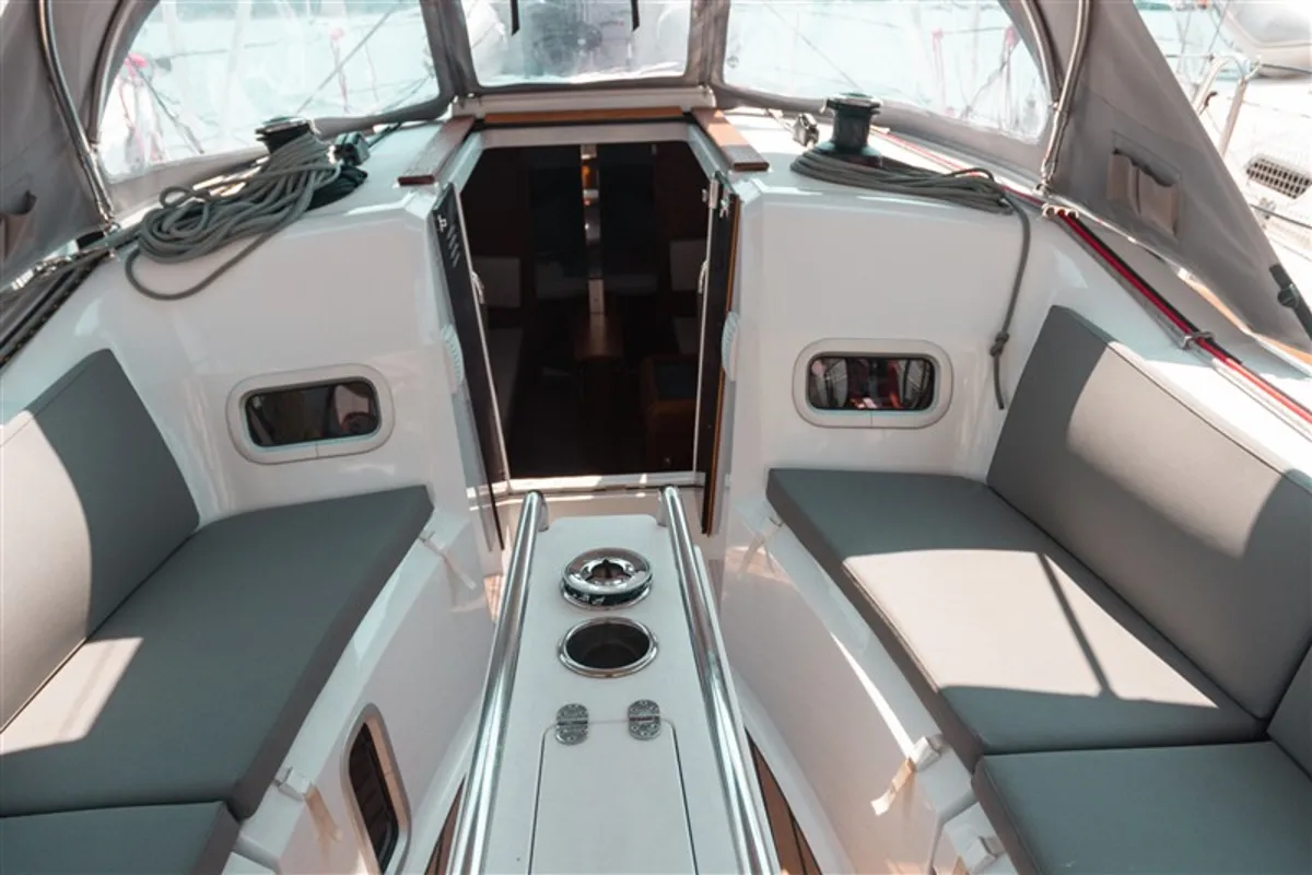Deck of Dimitra, a Jeanneau Sun Odyssey 349 sailboat at Volos, Greece