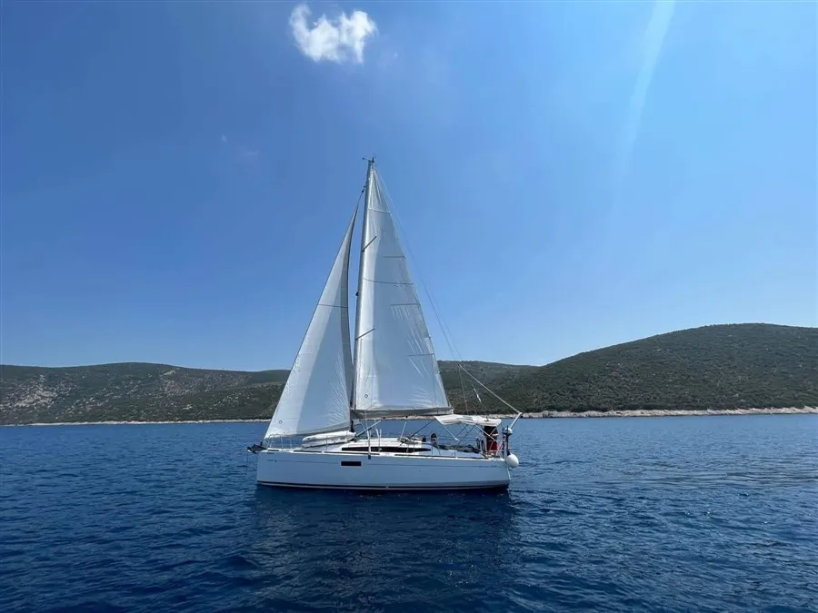 Exterior view of Dimitra, a Jeanneau Sun Odyssey 349 sailboat at Volos, Greece