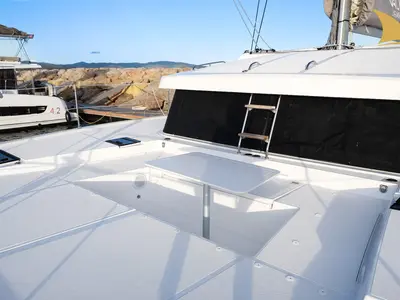 Deck of Asclepios, a Bali Catsmart - 4 cab. catamaran at Ajaccio, France