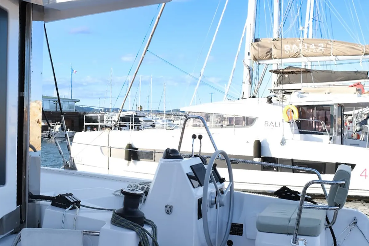 Cockpit of Asclepios, a Bali Catsmart - 4 cab. catamaran at Ajaccio, France