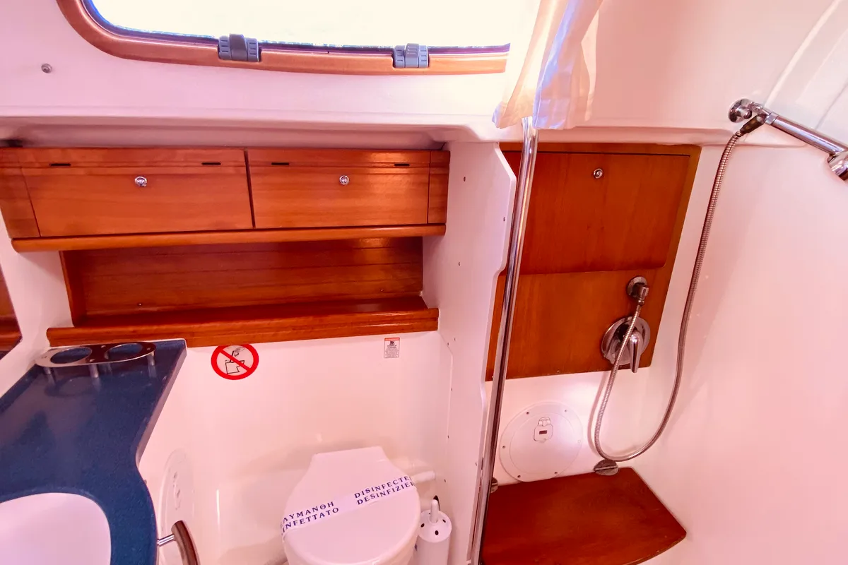 Head on Enalia, a Bavaria 46 Cruiser sailboat at Municipal Unit of Lefkada, Greece