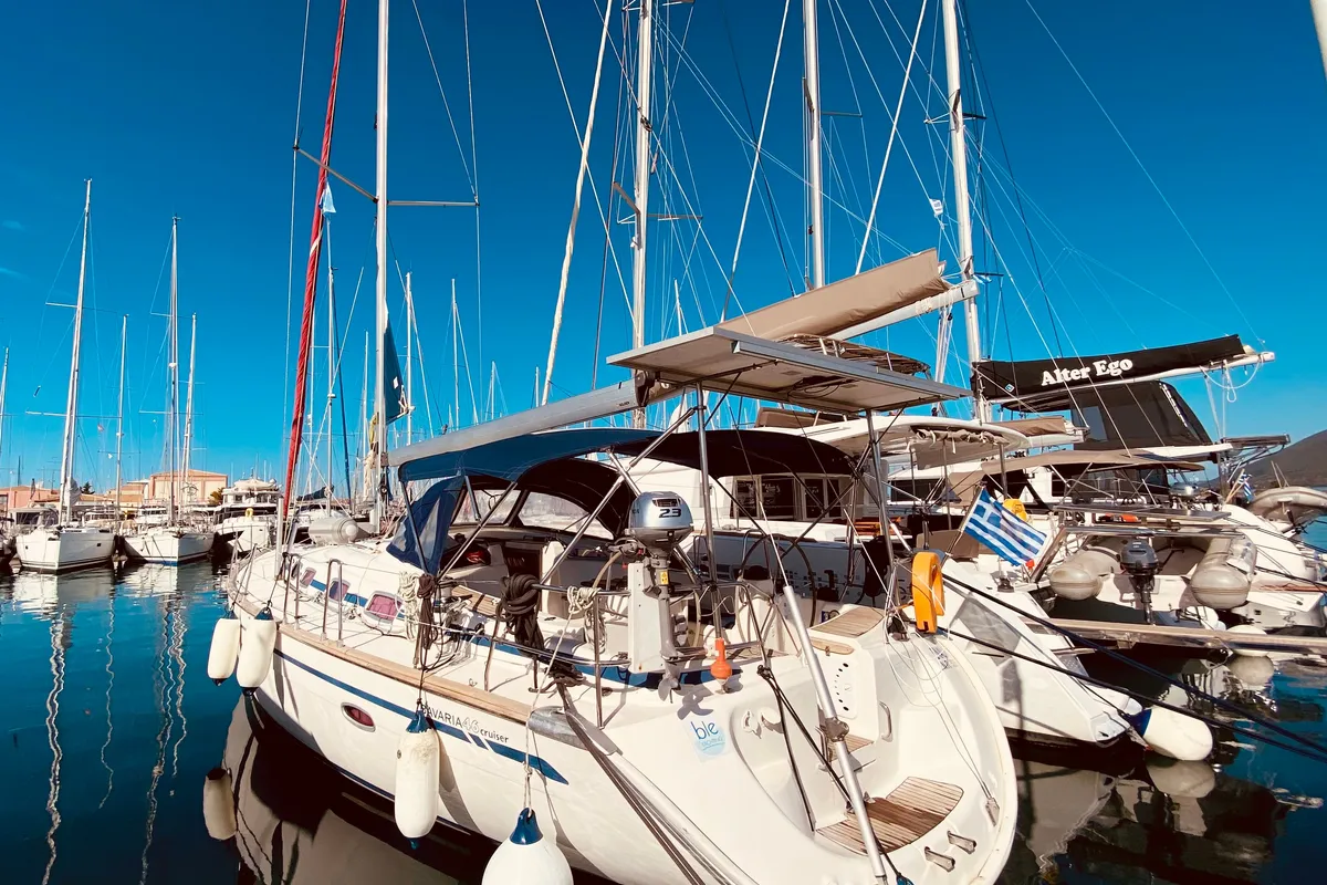 Exterior view of Enalia, a Bavaria 46 Cruiser sailboat at Municipal Unit of Lefkada, Greece