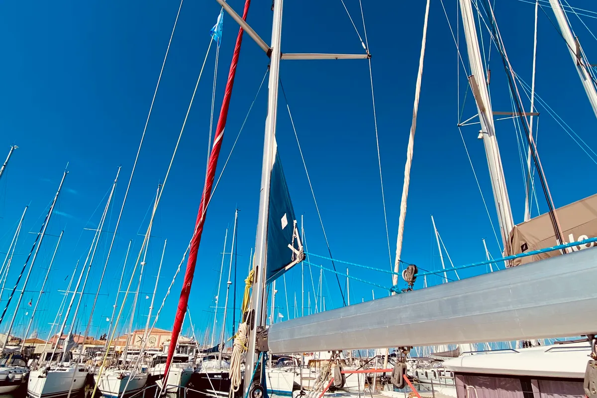 Deck of Enalia, a Bavaria 46 Cruiser sailboat at Municipal Unit of Lefkada, Greece