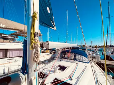 Deck of Enalia, a Bavaria 46 Cruiser sailboat at Municipal Unit of Lefkada, Greece