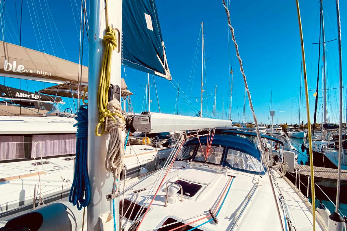 Deck of Enalia, a Bavaria 46 Cruiser sailboat at Municipal Unit of Lefkada, Greece