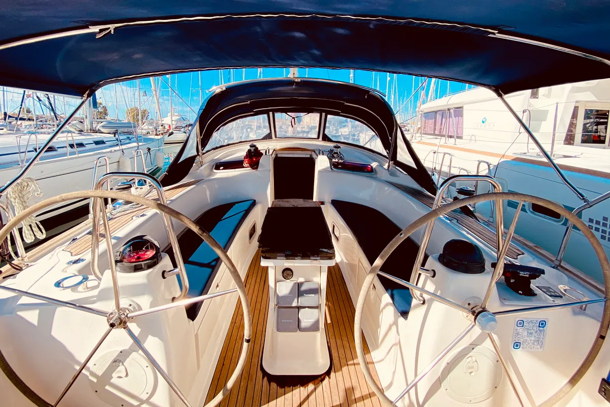 Cockpit of Enalia, a Bavaria 46 Cruiser sailboat at Municipal Unit of Lefkada, Greece