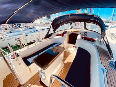 Cockpit of Enalia, a Bavaria 46 Cruiser sailboat at Municipal Unit of Lefkada, Greece