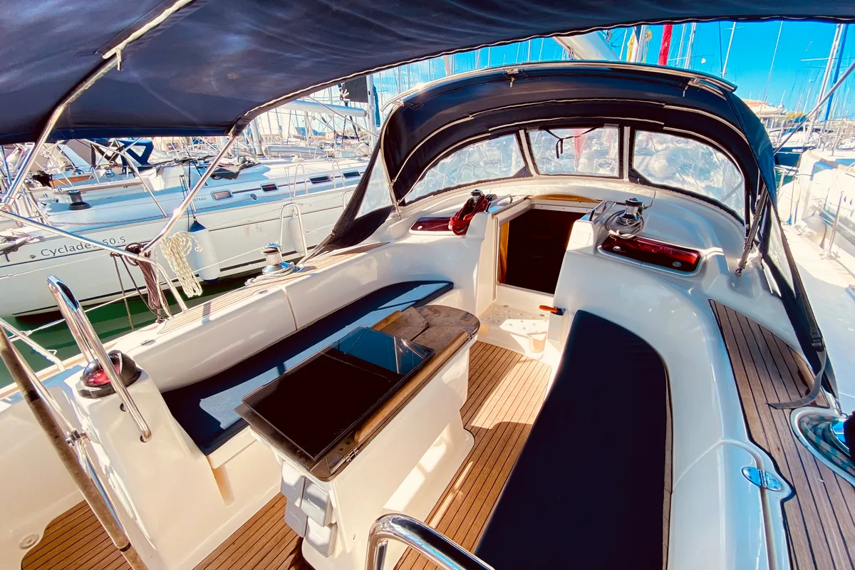 Cockpit of Enalia, a Bavaria 46 Cruiser sailboat at Municipal Unit of Lefkada, Greece