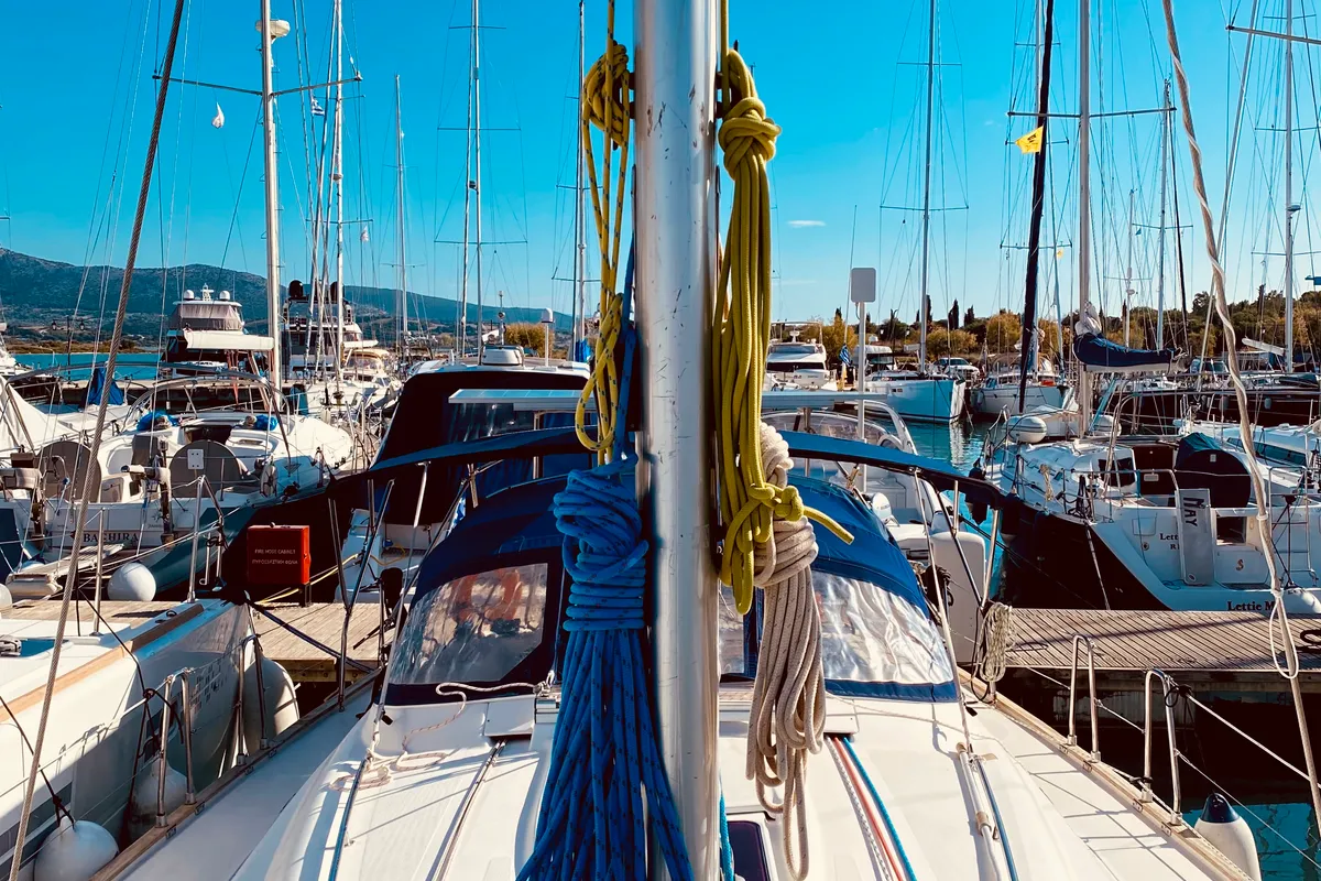 Deck of Enalia, a Bavaria 46 Cruiser sailboat at Municipal Unit of Lefkada, Greece
