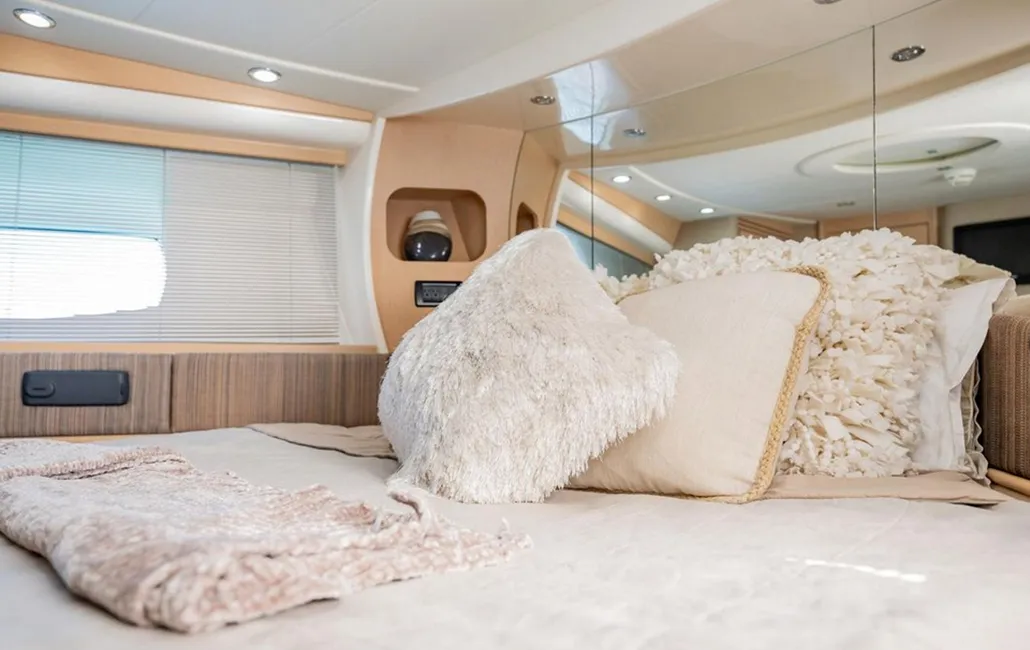 Cabin on Dom Pedro, a Pershing 50 motorboat at Olbia, Italy