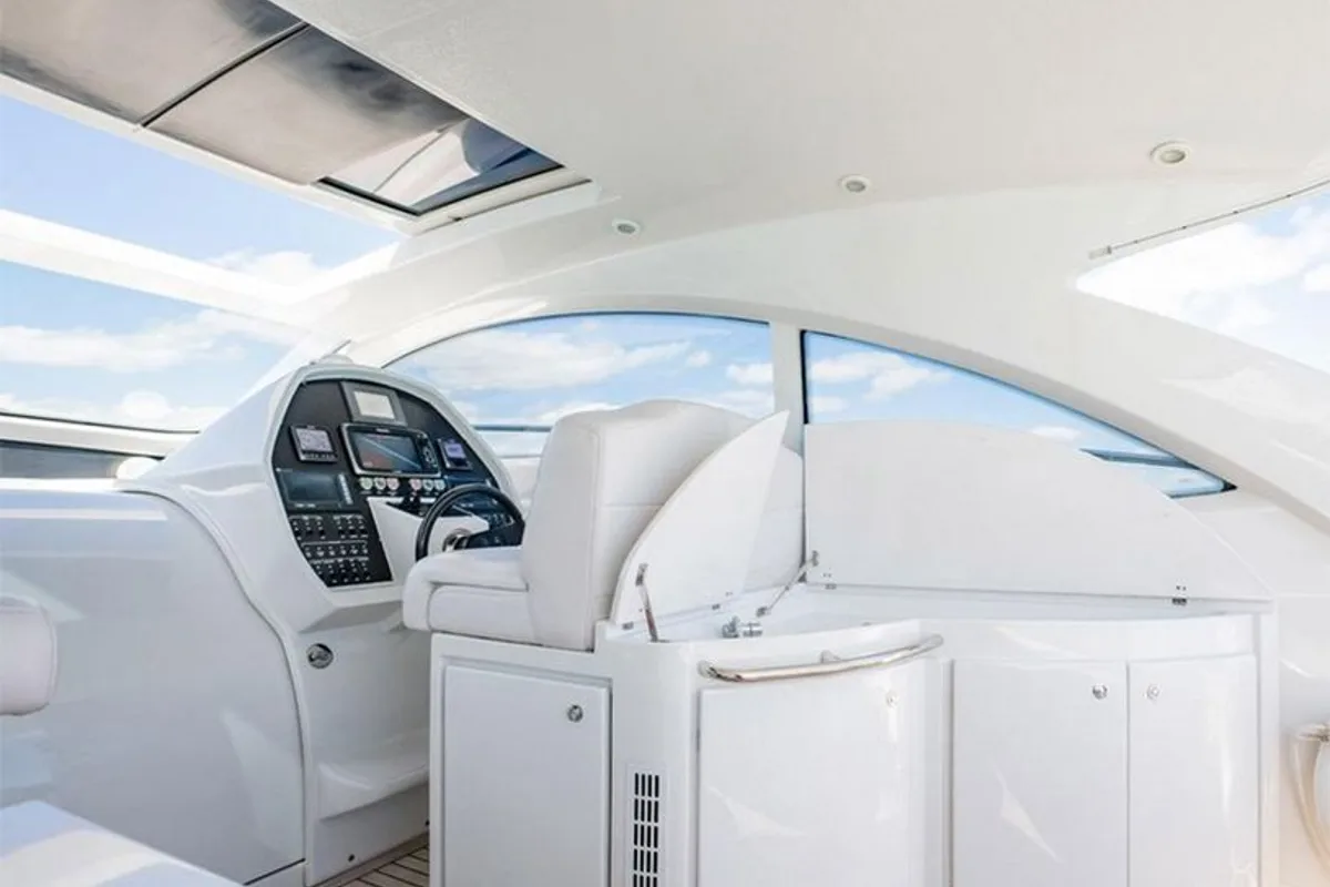 Cockpit of Dom Pedro, a Pershing 50 motorboat at Olbia, Italy