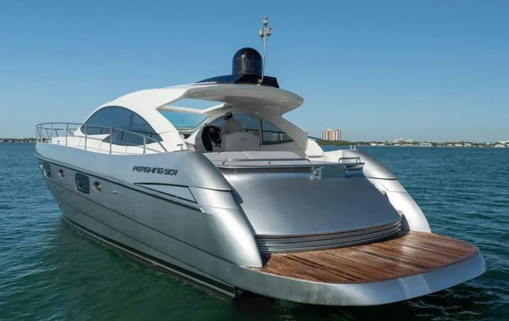 Exterior view of Dom Pedro, a Pershing 50 motorboat at Olbia, Italy