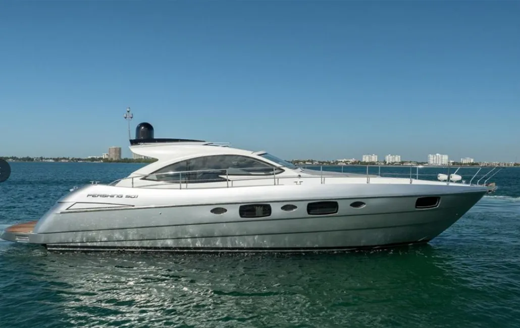 Exterior view of Dom Pedro, a Pershing 50 motorboat at Olbia, Italy