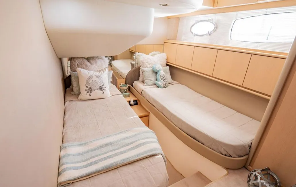 Cabin on Dom Pedro, a Pershing 50 motorboat at Olbia, Italy