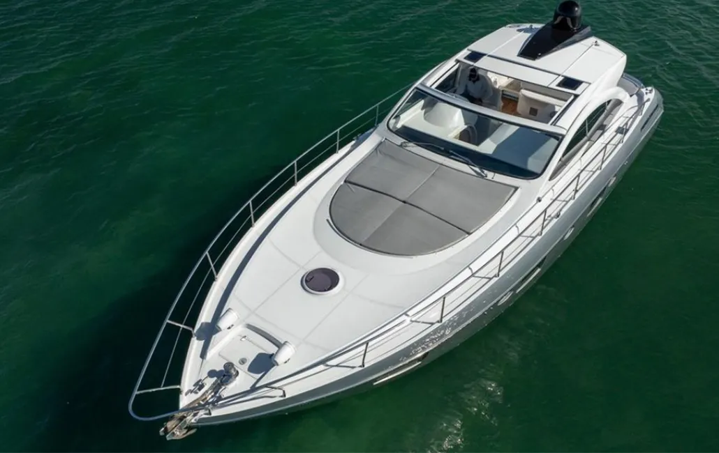 Exterior view of Dom Pedro, a Pershing 50 motorboat at Olbia, Italy