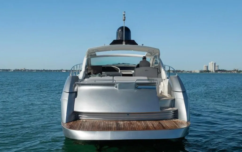Exterior view of Dom Pedro, a Pershing 50 motorboat at Olbia, Italy