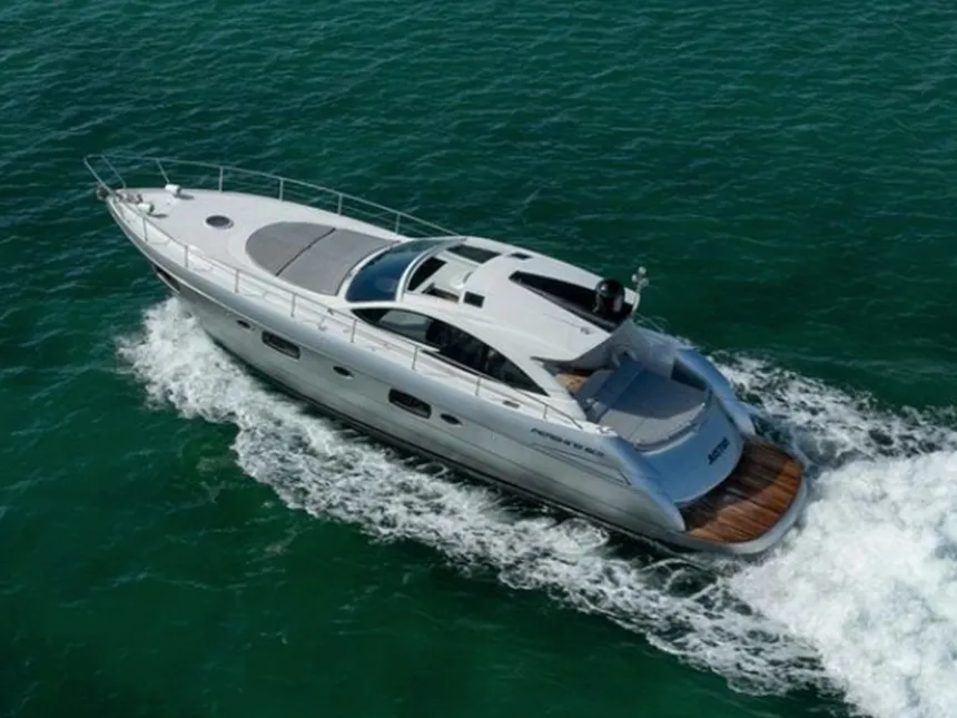 Exterior view of Dom Pedro, a Pershing 50 motorboat at Olbia, Italy