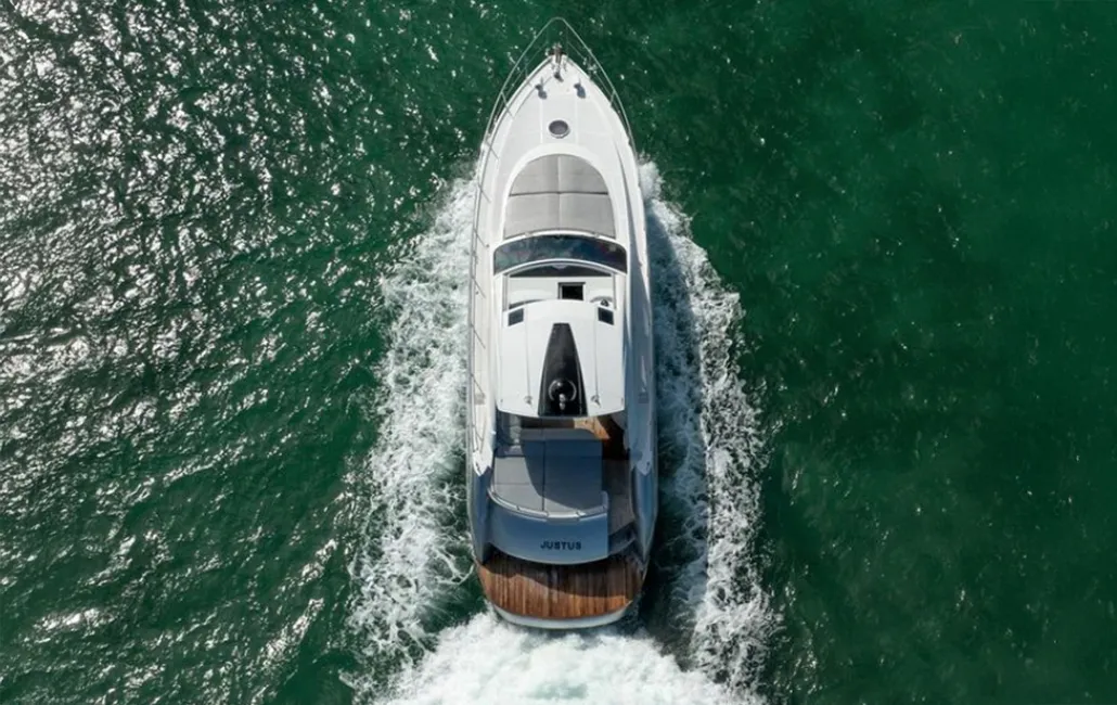 Exterior view of Dom Pedro, a Pershing 50 motorboat at Olbia, Italy