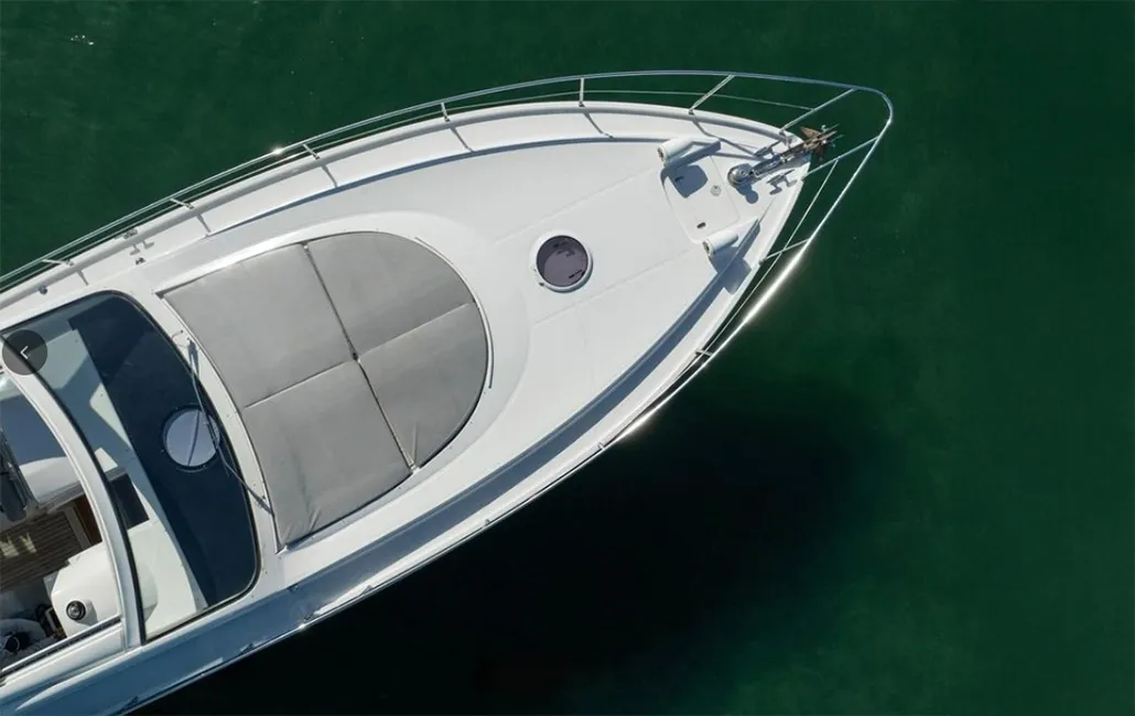 Exterior view of Dom Pedro, a Pershing 50 motorboat at Olbia, Italy