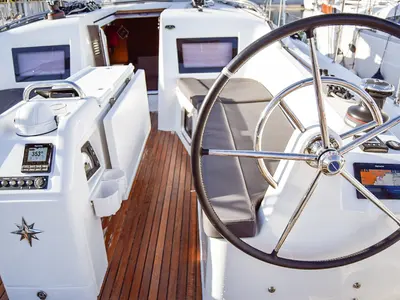 Cockpit of Aegeas, a Jeanneau Sun Odyssey 410 sailboat at Kavala, Greece