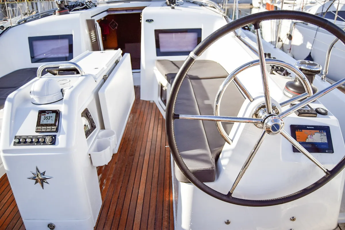 Cockpit of Aegeas, a Jeanneau Sun Odyssey 410 sailboat at Kavala, Greece
