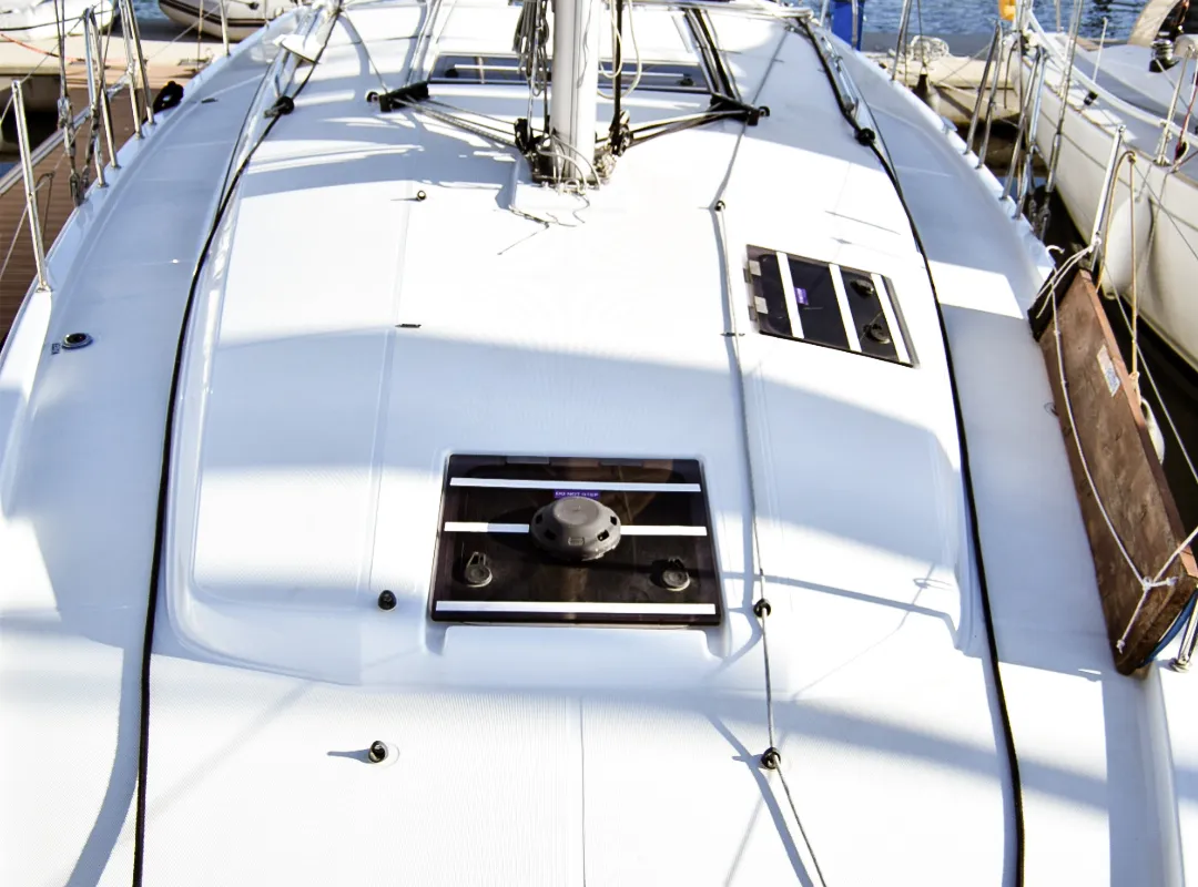 Exterior view of Aegeas, a Jeanneau Sun Odyssey 410 sailboat at Kavala, Greece