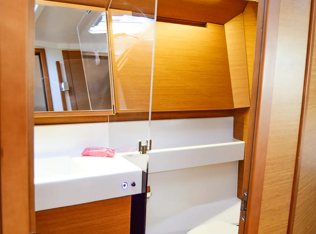 Head on Aegeas, a Jeanneau Sun Odyssey 410 sailboat at Kavala, Greece
