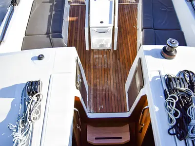 Deck of Aegeas, a Jeanneau Sun Odyssey 410 sailboat at Kavala, Greece